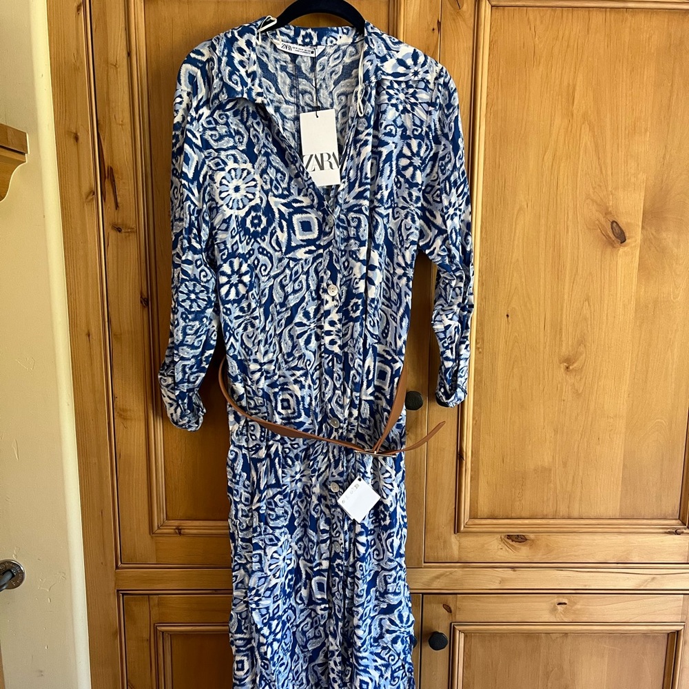 Zara Navy and White Printed Maxi Shirt Dress